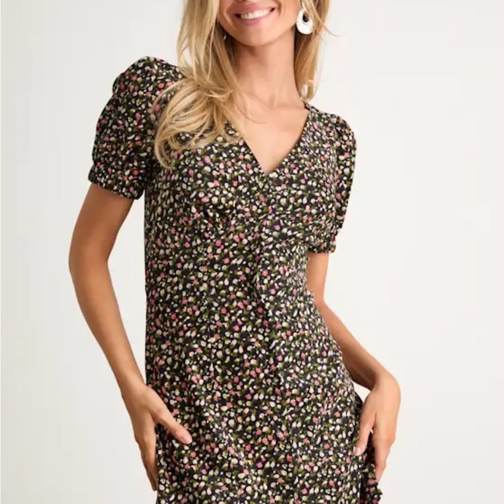 Floral V-Neck Puff Sleeve Dress — Black with Pink & Green Print